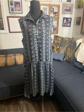 Relished Black Dress with Teal Leaf Print